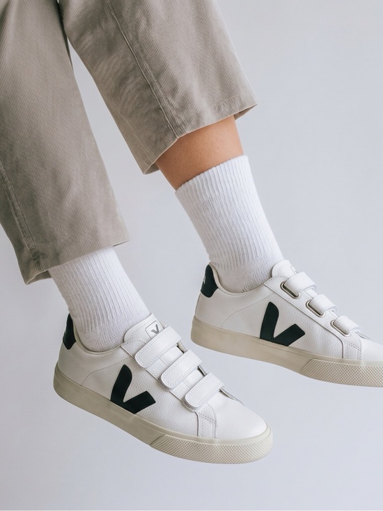 Veja Shoes - Veja White Leather Sneakers with Black V Logo and Velcro Straps